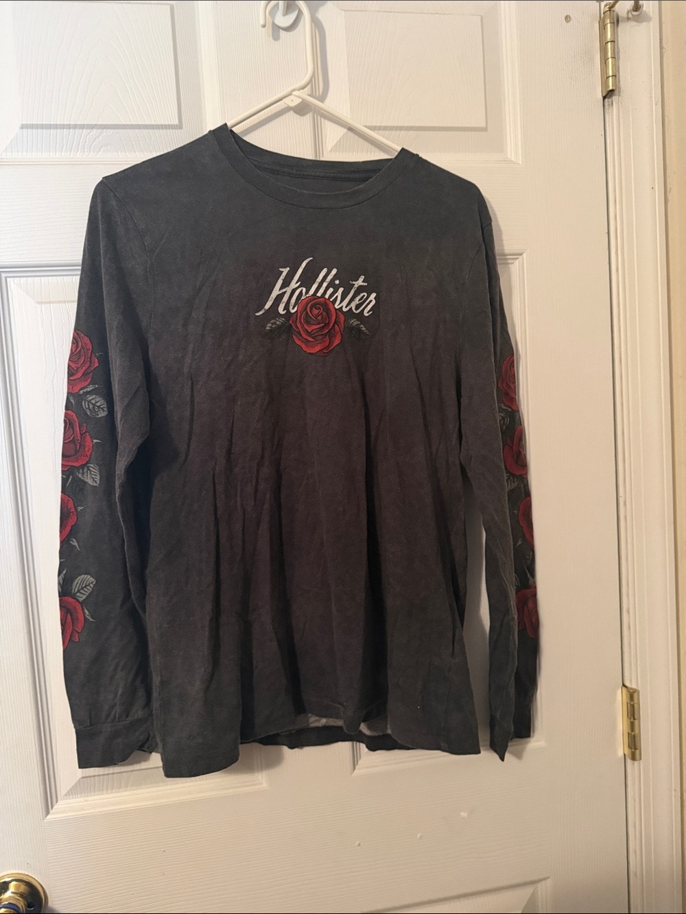 Hollister Black Long Sleeve Tee with Red Rose Artwork